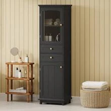 Gabinete de almacenamiento alto para el baño con puertas de vidrio, de pie, con dos cajones y estantes ajustables, de tablero de MDF, pintado en blanco - perfecto para exhibir tus artículos favoritos