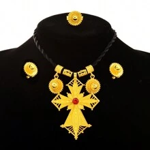 3 pièces/set Ensemble de bijoux trois pendentifs croix doré, nouvelle conception, boucles d'oreilles, bague, collier, cadeau de fête