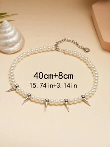 1pc Punk Faux Pearl Beads Chain Spikes/Cross Choker Necklace Hiphop Fashion Rock Gothic Jewelry Gift - White - View 10
