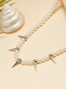1pc Punk Faux Pearl Beads Chain Spikes/Cross Choker Necklace Hiphop Fashion Rock Gothic Jewelry Gift - White - View 9