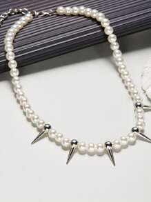 1pc Punk Faux Pearl Beads Chain Spikes/Cross Choker Necklace Hiphop Fashion Rock Gothic Jewelry Gift - White - View 7