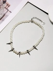 1pc Punk Faux Pearl Beads Chain Spikes/Cross Choker Necklace Hiphop Fashion Rock Gothic Jewelry Gift - White - View 5