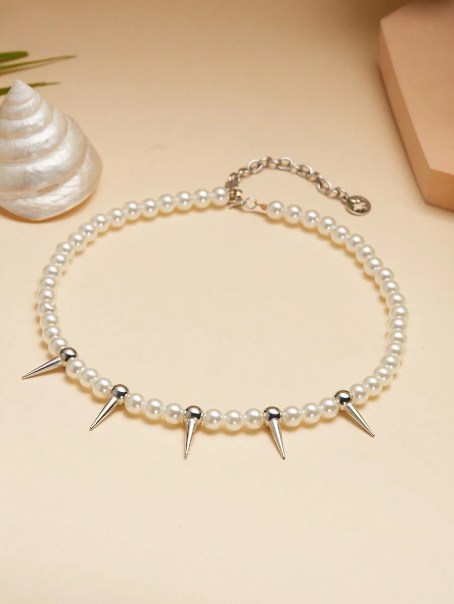 1pc Punk Faux Pearl Beads Chain Spikes/Cross Choker Necklace Hiphop Fashion Rock Gothic Jewelry Gift - White - View 1