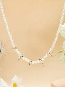 1pc Punk Faux Pearl Beads Chain Spikes/Cross Choker Necklace Hiphop Fashion Rock Gothic Jewelry Gift - White - View 8