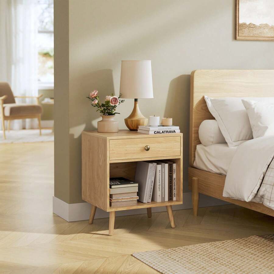 VASAGLE Nightstand, Small Bedside Table With Drawer, Open Compartment, And Pine Wood Legs, For Living Room Bedroom, 15.7 X 19.7 X 22.8 Inches - gừng - Xem 1