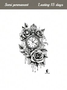 1片装草本汁液半永久魔法纹身贴纸，创意玫瑰怀表设计，7-14天防水，防褪色，大尺寸手臂/胸部/背部临时纹身 - 藍色 - 查看 5