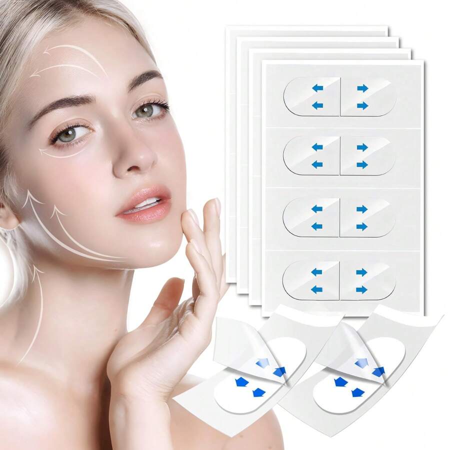 40 片装面部胶带、面部提升胶带、隐形面部提升胶带、即时面部提升贴纸、面部提升胶带和下巴胶带、双下巴秘密化妆胶带、松弛皮肤面部提升贴纸 - 彩色 - 查看 1