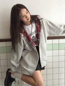 英文文字印花休闲宽松拉链连帽衫，秋冬，长袖上衣 - 灰色 - 查看 4