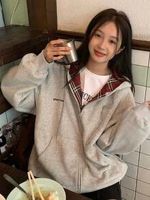 英文文字印花休闲宽松拉链连帽衫，秋冬，长袖上衣 - 灰色 - 查看 6