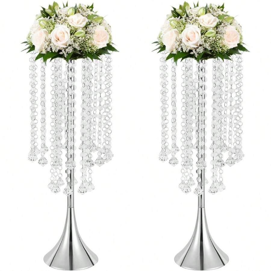 HOHOBLA LOYALHEARTDY-BTG 2pcs Crystal Silver Centerpieces For Tables - 21.9'' Tall Chandelier Centerpiece Flower Vase With Beads, Elegant Centerpiece Table Decorations For Wedding, Banquet, Party Decor[Best Gift For Family&Friends] - 銀色 - 查看 1