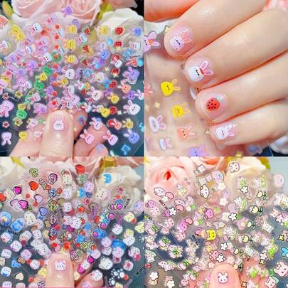 10pcs Mixed Cute Cartoon Nail Art Stickers, DIY Princess Waterproof Nail Decals, Adorable Rabbit, Kitty, Heart And Flower Nail Stickers