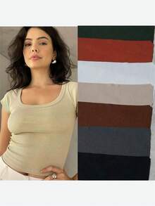 Women's Summer Solid Color Round Neck Hollow Out Stripe Slim Fit T-Shirt - Nude - Xem 1