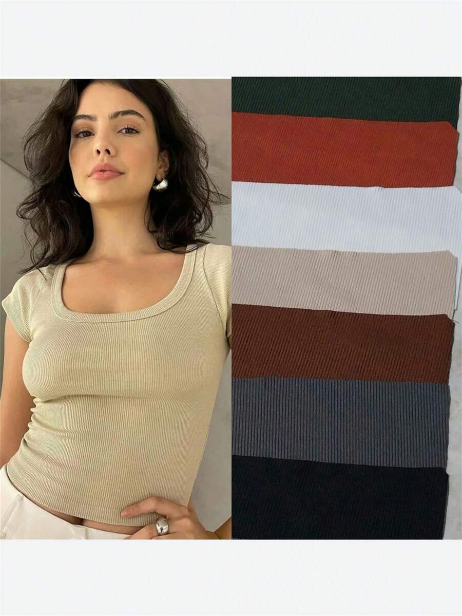 Women's Summer Solid Color Round Neck Hollow Out Stripe Slim Fit T-Shirt - Nude - Xem 1