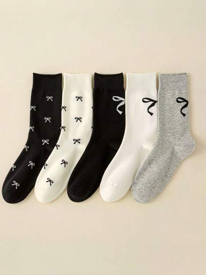 5 par damskich skarpetek w nowym stylu college'owym z kokardką do połowy łydki, wygodnych, miękkich i uniwersalnych, najlepsze skarpetki Happy Socks, jesień