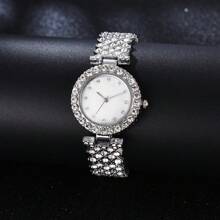 Bộ 6 chiếc/bộ, Đồng hồ nữ, Đồng hồ thạch anh khảm kim cương hợp kim bạc thời trang, đơn giản và sang trọng cho nữ, Kết hợp với vòng cổ, vòng tay, hoa tai, nhẫn, Bộ vòng tay đồng hồ, Thích hợp đeo hàng ngày, Quà tặng - Bạc - Xem 3