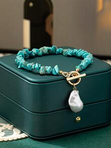 1 pieza Tobillera con colgante de perla y cadena de piedra, estilo sexy de playa para mujeres - Azul - Ver 2