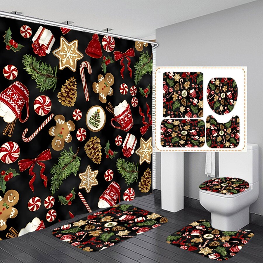 [Loạt sản phẩm Giáng sinh] 1/4 Bộ rèm tắm 180*180 Cm/70*70 Inch Cây thông Noel, Ông già Noel, Bộ rèm tắm in hình tất Giáng sinh, Bộ rèm tắm chống thấm nước cho vách ngăn phòng tắm kèm 12 móc, Thảm phòng tắm, Thảm hình chữ U cho bồn cầu, Thảm bệ ngồi bồn cầu, Vách ngăn phòng tắm, Đồ trang trí Giáng sinh, Dùng để trang trí phòng tắm Giáng sinh và cũng có thể dùng hàng ngày bằng vật liệu sợi Polyester - Nhiều màu - Xem 1