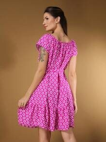 Women's Short Off-The-Shoulder Dress With Floral Print - Màu Hồng Tươi - Xem 4