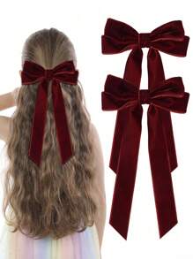 2个装女童天鹅绒长尾蝴蝶结发夹，丝带蝴蝶结发夹，适合学生妹，马尾辫发圈配件，金属发夹蝴蝶结发饰，适合女孩、青少年、万圣节派对、圣诞节等场合。 - 彩色 - 查看 9