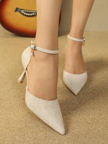 Giày cao gót mũi nhọn phong cách mới 2025 cho nữ đính ngọc trai giả, kiểu mũi kín, khóa quai, đá giả, thiết kế khoét rỗng và gót thon - Vàng - Xem 3