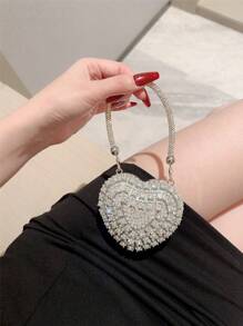 1pc Glittering Cute Mini Rhinestone Heart Shaped Clutch Bag, Luxury High-End Sparkling Tassel Rhinestone Handbag For Party/Wedding, Suitable For Valentine's Day Gift, Date, Limited Space, Party Bags, Perfect For Party, Wedding, Prom, Dinner/Banquet, Heart Purse, Perfectly Match With Valentine Day Dress, Glamorous Rhinestone Bag