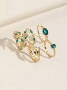 5 pièces/set Bague de serpent ornée de cristaux de strass imitant l'émeraude vintage et bague de feuille pour femmes