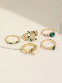 5 pièces/set Bague de serpent ornée de cristaux de strass imitant l'émeraude vintage et bague de feuille pour femmes
