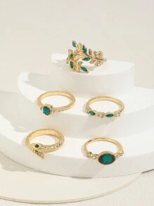 5 pièces/set Bague de serpent ornée de cristaux de strass imitant l'émeraude vintage et bague de feuille pour femmes