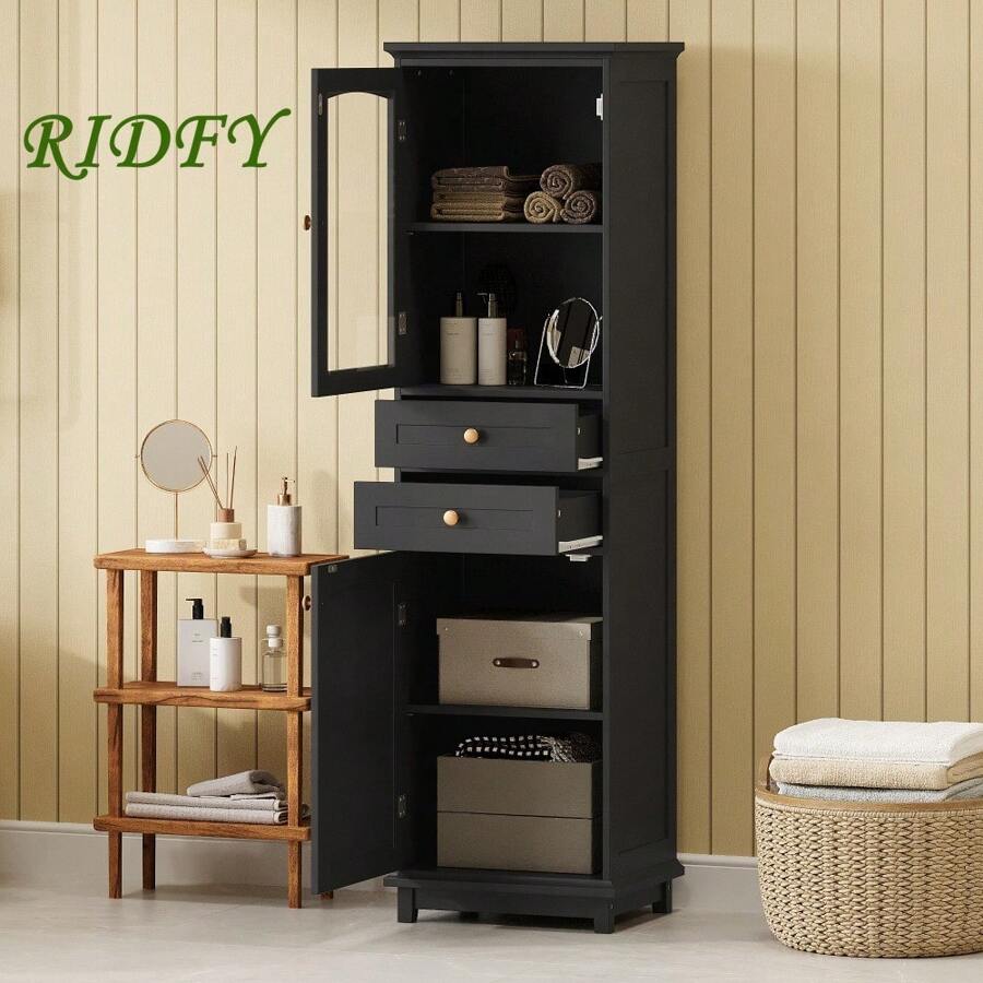 Gabinete de almacenamiento alto para el baño con puertas de vidrio, de pie, con dos cajones y estantes ajustables, de tablero de MDF, pintado en blanco - perfecto para exhibir tus artículos favoritos