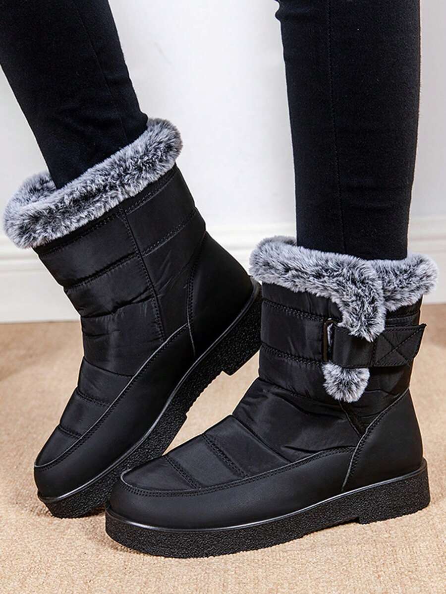Botas de neve femininas impermeáveis e quentes com , gola felpuda e sola antiderrapante, cano alto - Preto - Ver 1