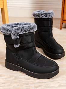 Botas de neve femininas impermeáveis e quentes com , gola felpuda e sola antiderrapante, cano alto - Preto - Ver 3