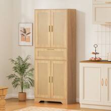SLINEMO Kitchen Pantry Storage Cabinet, Tall Freestanding Cupboard With 1 Large Drawer, 2 Adjustable Shelves, For Dining Room, Living Room, Laundry, White - 自然的 - 查看 1