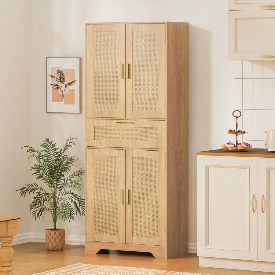 SLINEMO Kitchen Pantry Storage Cabinet, Tall Freestanding Cupboard With 1 Large Drawer, 2 Adjustable Shelves, For Dining Room, Living Room, Laundry, White - 自然的 - 查看 1