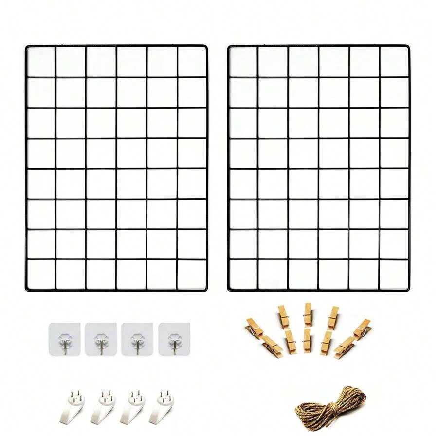 2 piezas Tablero de cuadrícula de pared para fotos, estantería decorativa de metal, pantalla de fotos de pared, para almacenamiento y organización de fotos, con ganchos, pinzas y cuerda de yute, tamaño 18*14 pulgadas y 14*14 pulgadas, opciones en negro y blanco, adecuado para decoración otoñal del hogar y la habitación