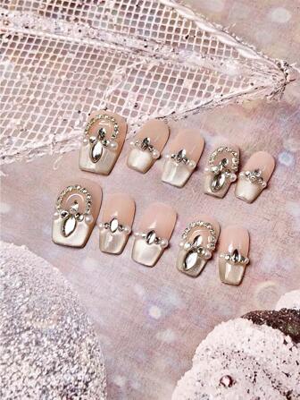10Pcs Crystal Stone Cat Eye Sparkling Wearable Nail Art Patches New French Style Fake Nails [100% Handmade, Patterns, Decorations And Display Card Have Some Randomness] For Nail Art Design Daily Use And Holiday Party Gifts Press On Nails Nail Supplies Nails