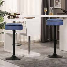 Binlin Taburetes de bar giratorios y sin respaldo de tela de lino con reposapiés, sillas de bar ajustables en altura con base de metal para cocina, pub, isla, juego de 2, azul