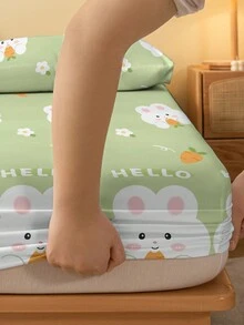 1pc Cute Cartoon Rabbit Chewing Carrot Print Brushed Fitted Sheet, Bedroom Printed Bed Cover, Bedding (Pillow Case Not Included) - Multicolor - View 5