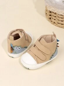 1 双男孩卡通恐龙钩环设计平顶可爱高帮休闲软底爬鞋，适合春秋季 - 杏色 - 查看 3