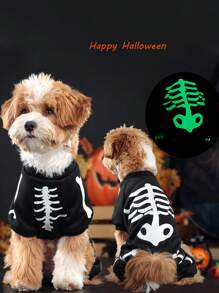 1 件有趣的夜光骷髅骨头图案宠物服装，有趣的狗服装适合中型和小型犬 - 彩色 - 查看 2