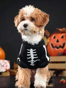 1 件有趣的夜光骷髅骨头图案宠物服装，有趣的狗服装适合中型和小型犬 - 彩色 - 查看 3