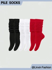 1/3双装女士袜子，秋冬混色，黑、白、红三色可选，可直穿或折叠穿，日常穿搭必备，男女皆宜，简约百搭，亲肤柔软，透气舒适，加厚保暖长袜 - 彩色 - 查看 1