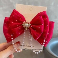 1 chiếc kẹp tóc nơ đính pha lê và ngọc trai thời trang cho bé gái, không kèm hộp đựng. - Đỏ - View 2