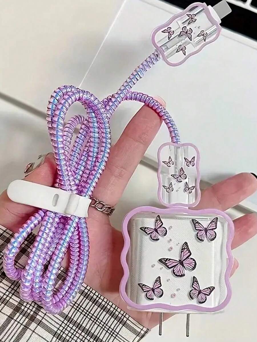 5 件紫色蝴蝶波纹硅胶保护壳兼容 Apple 18W/20W USB-C 电源适配器、防震充电线套