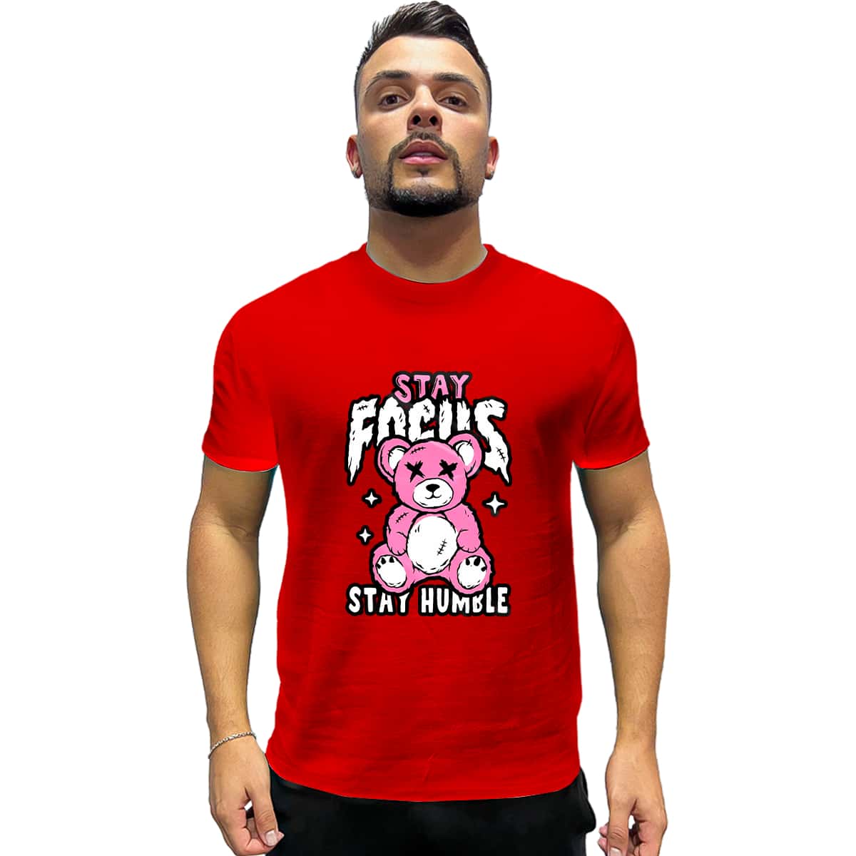 Stay Focus Basic T-Shirt Keep Focused Bear Drawing Anime Premium Printed Shirt - 紅色 - 查看 1