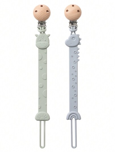 2pcs Baby Silicone Pacifier Clip, Dinosaur And Giraffe Design Anti-Drop Pacifier Holder, Nipple Clip, Baby Teether Teething Toys Holder , Baby Accessories, Baby Shower Gift