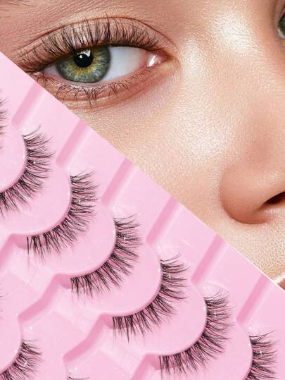 7 Pairs/Set Natural Long Curled Thick Volume Crossed Fish Tail False Eyelashes With Clear Stems, Perfect For Daily Wear, Dating, Holidays, Parties, Weddings, Work,5-12mm Strip Lashes,Lashes,Eyelashes,Fake Lashes