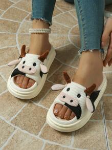 Pantoufles d'intérieur imprimées de vache de dessin animé mignons, chaussons de maison à semelle épaisse en lin à bout ouvert et silencieux, nouvelle semelle antidérapante en EVA pour le confort en automne et en hiver