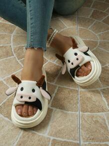 Pantoufles d'intérieur imprimées de vache de dessin animé mignons, chaussons de maison à semelle épaisse en lin à bout ouvert et silencieux, nouvelle semelle antidérapante en EVA pour le confort en automne et en hiver