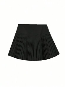 女士时尚百褶迷你裙，无弹羊毛面料，休闲A字及膝裙，适合秋冬季穿着 - 黑色 - 查看 6