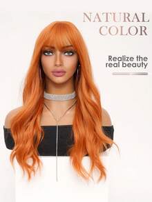 Peluca naranja de 26 pulgadas de largo, rizada con ondas de agua y con flequillo en capas altas, de fibra sintética, para disfraz de Halloween, para mujer, uso diario, fiesta, Navidad, realista, natural, sexy, resistente al calor - Naranja - Ver 6